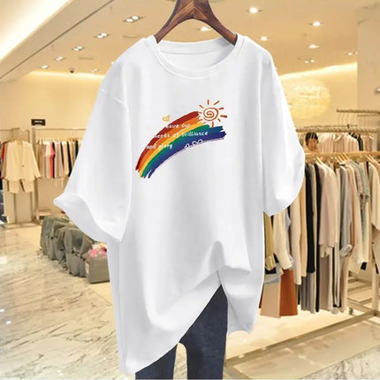 Women Clothing Fashion Hand-Painted Rainbow Print Tshirt Summer O-neck Short Sleeve 100 Cotton Basic Tee Loose Chic Top 45-105Kg