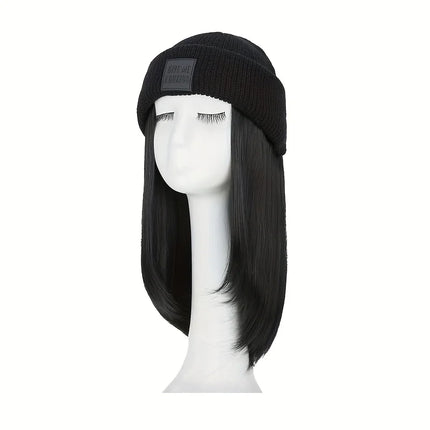 20inch Long Water Wavy Synthetic Hairpiece Beanie Hat - Woven Wigs with Knit Pom Cap and Warm Winter Design - Soft, Detachable,