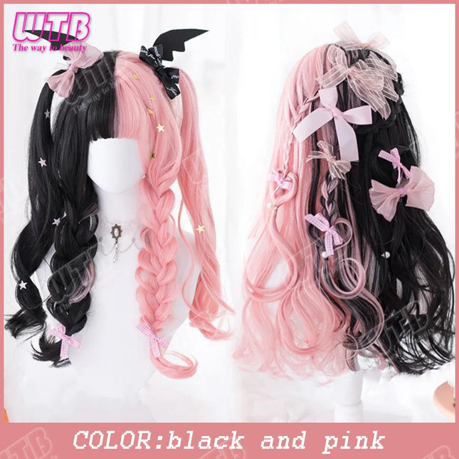 WTB Pink Highlighted Synthetic Lolita Wig for Women Long Straight with Bangs Suitable for Everyday Wear Holidays and Cosplay