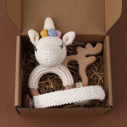 3Pcs/set Infants Shower Gift Baby Pacifier Chain Clip Beech Teether Wooden Teething Ring Newborn Crochet Animal Rabbite Rattle