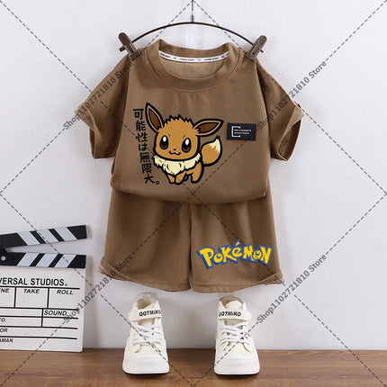 2pcs Pokemons Short-sleeved Shorts Summer Thin Waffle Clothes Suit Cartoon Anime Gengar Charmander Print Clothing Birthday Gift