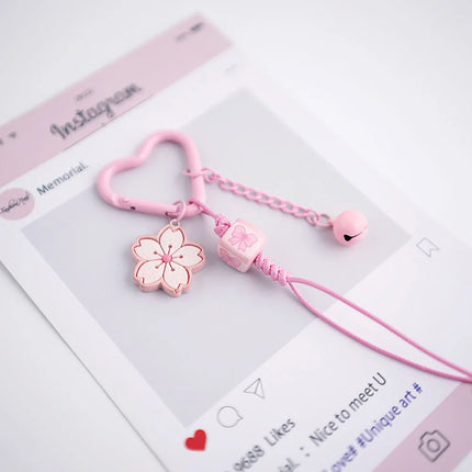 Cute Cherry Blossoms Pendant Keychain Creativity Heart Shape Beaded Woven Rope Small Bell Design Bag Hanging Piece Gift A227