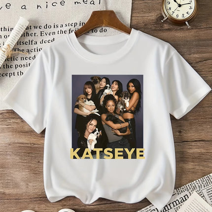 KATSEYE Printed Design T-Shirt Casual Short Sleeve Crew Neck Suitable for Children Men and Women Cotton Top