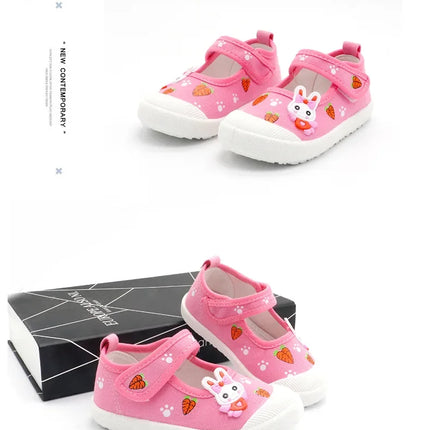 JGSHOWKITO Girls Canvas Shoes Soft Sports Shoes Kids Running Sneakers Candy  With Cartoon Rabbit Carrots Prints Children
