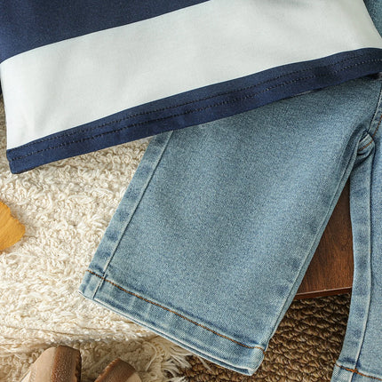 Four-Season Style Baby Boy Striped Polo Shirt + Denim Pants, Classic and Timeless Striped Design, Suitable for Everyday Wear and Outings