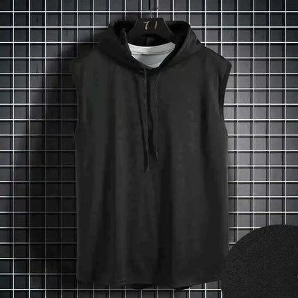 Men's lace up hooded sleeveless vest, men's summer loose solid color hip-hop T-shirt top, sports vest