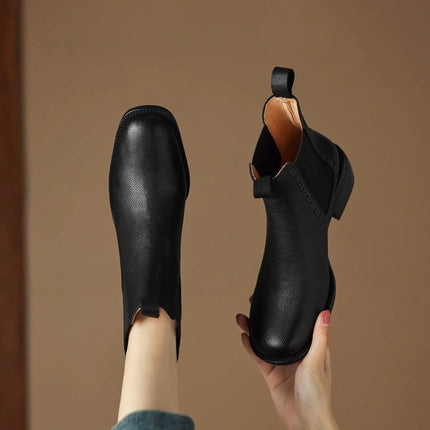 Krazing Pot Big Size 34-43 Cow Leather Round Toe High Heels Retro Modern Chelsea Boots Warm Winter Shoes Motorcycles Ankle Boots