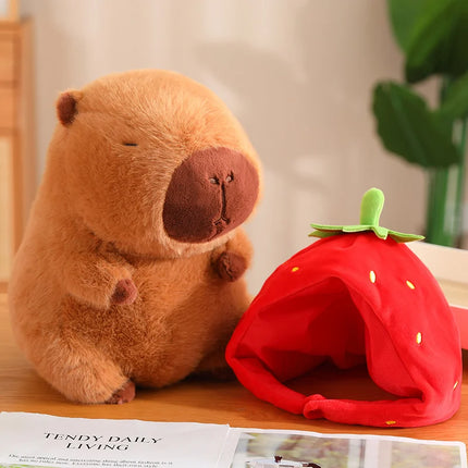 Strawberry Hat Capybara Plush Toy Simulation Turtle Backpack Capibara Stuffed Animals Papa Hand Circle Ring Small size Pendant