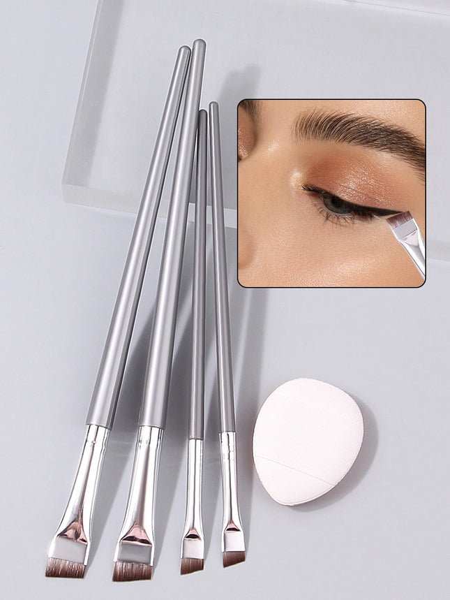 4pcs Ultra-thin Fine eyeliner and eyebrow Brush set, beginner's eye detail makeup brush + Mini Concealer finger powder puff