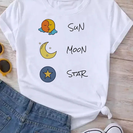 Women Moon Planet Print Fashion Tee Shirts Casual Round Neck Short Sleeve Streetwear Female T-Shirt Vintage Tops