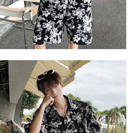 Loose Straight Leg Five-Quarter Beach Pants or Short Sleeve Printed Shirt Beach Travel Men's Fashion Floral Patterned Two-Piece Set