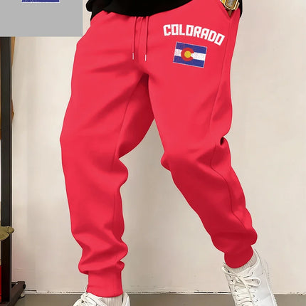 Colorado Flag Printed Sweatpants Mens Casual Pocket Jogger Pants Winter Fleece Warm Oversized Trousers Basics Male Streetwear