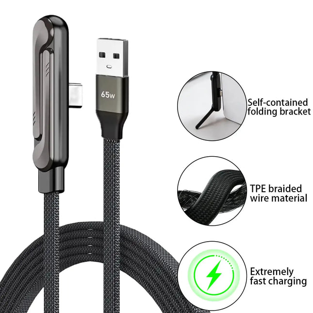 ASUS 65W Fast Charging Sideways Phone Charger, Built-in Phone Stand Charging Cord with Folding Phone Stand USB A to Type-C Cable