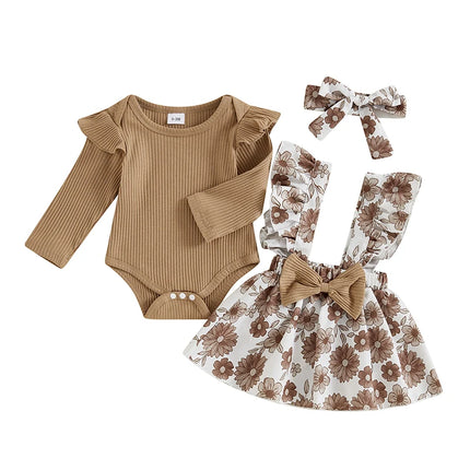 Pudcoco Baby Girls Spring Outfits Short Sleeve Ribbed Romper Suspender Skirt Headband Set Newborn 3 Piece Clothes 0-18M