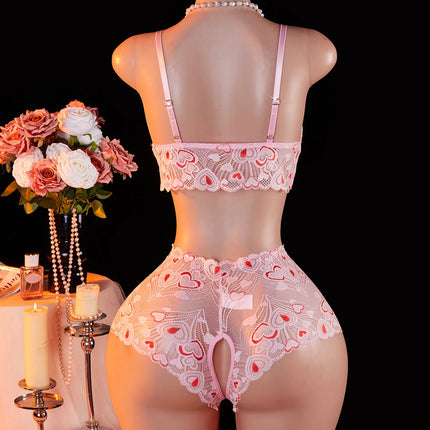Pink Lace Open Brassiere Crotchless Panties Sexy Lingerie Female Sling Seductive Women's Fetish Transparent Underwear Sets
