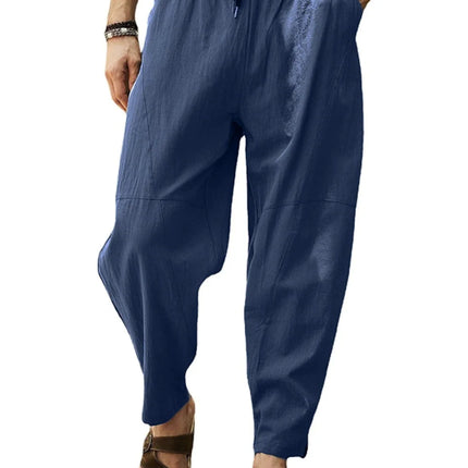 Men's Cotton Linen Pencil Pants Summer Loose Elastic Waist Hip Hop Trousers Solid Color Breathable Casual Joggers