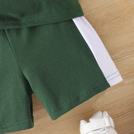 A Two-Piece Pair Of Summer Baby Boy Sports Letter Print Patchwork Lapel Top And Casual Color-Blocking Shorts