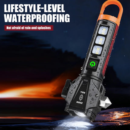 5-in-1 Tactica lLED Flashlight w/ Safety Hammer & Seatbelt Cutter, SOS Strobe,Rechargeable Survival Gear for Outdoor EDC Defense