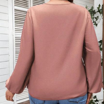 Plus Size Women's Mauve Satin Long Sleeve Blouse V-Neck Loose Fit Lantern Sleeve Casual Office Top 2025