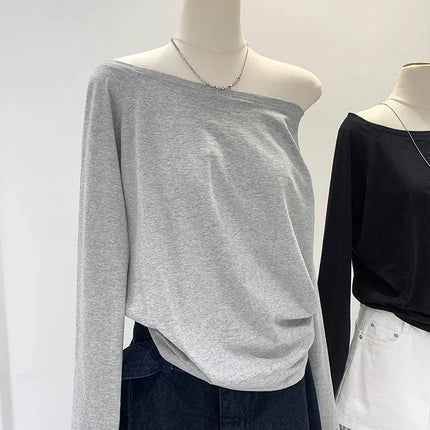 One Shoulder Cotton Slant Shoulder Long Sleeve Women's Interior-Style Wide Truffle Shoulder Base Autumn Winter Shirt