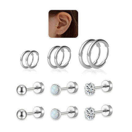 6 Pairs Earring Sets for Multiple Piercings Small Huggie Hoop Earrings Flat Back Tiny Ball CZ Opal Pearl Stud Earrings for Women