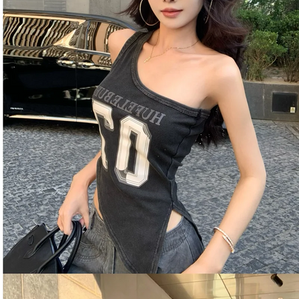 American High Street Hot Girl Slanted Collar Off-Shoulder Irregular Letter Print Camisole Vest Women's Retro Slit Top Y2K 2000s