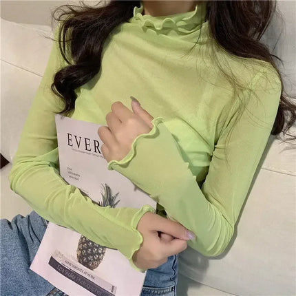 High Neck Sheer Mesh Top Women Clothing Long Sleeve Turtleneck T-shirt Korean Sexy See Through Black White Beige Shirt New