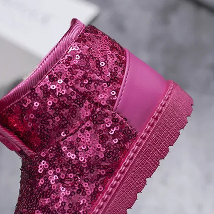 Girls Snow Boots Bunny Ear Bowtie Sequins Cute Winter Warm Ankle Boots Princess Toddler Non-slip Fashion Kids Boot Glitter Bling