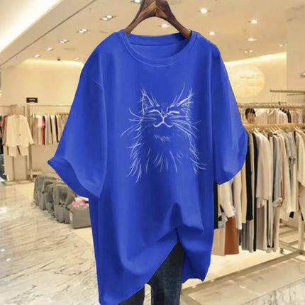 Women Fashion Cat Animal Printing T-shirt Summer Cotton O-Neck Short Sleeve Basic Top Tee Office Lady Casual Loose Pullover M-6XL