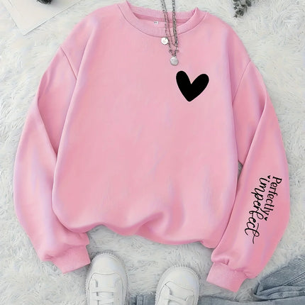 Women Perfectly Imperfect Letter Print Sweatshirt Cute Heart Crew Neck Pullover Casual Soft Fleece Long Sleeve Girls Streetwear