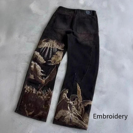 Mens Jeans Harajuku Y2K Streetwear Heavy Angel Embroidery Patchwork Washed Denim Pants Straight Leg Loose Fit Vintage New Spring