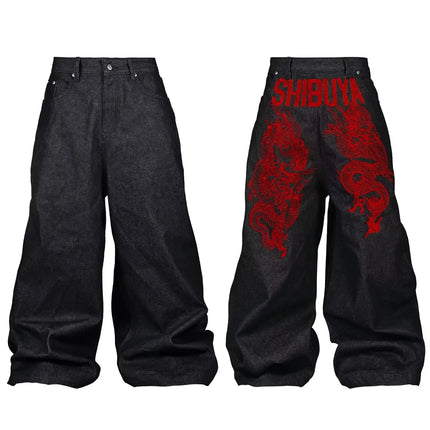 American retro embroidered pattern hip-hop jeans suitable for both men and women Y2K street cool floor length wide leg pants