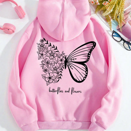 Plus Size INAWLY Butterfly Slogan Graphic Pocket Drawstring Thermal Hoodie Butterflies Flowers Casual Unisex Long Sleeve Hoody