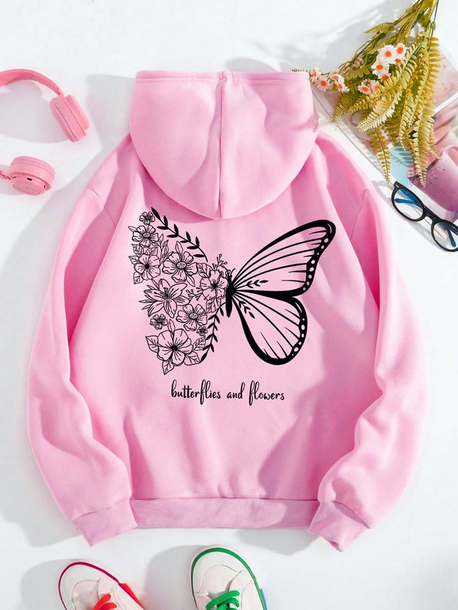 Plus Size INAWLY Butterfly Slogan Graphic Pocket Drawstring Thermal Hoodie Butterflies Flowers Casual Unisex Long Sleeve Hoody