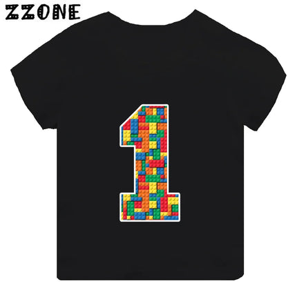 Building Blocks Bricks Number Bow Print Cartoon Boys Clothes 1 2 3 4 5 6 7 8 9 Years Birthday Kids T-shirt Baby Girls T-Shirts