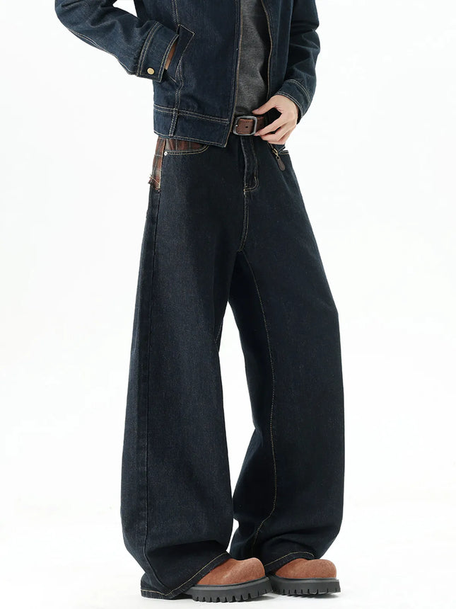 New Washed Straight Jeans Men's Trendy Solid Color American Style Wide Leg Denim Trousers Versatile Casual Pants