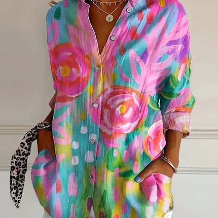 Plus Size 2025 New Women's Crushed Flower Printed Button Casual Shirt Trendy Fashion Polyester Best Choice for Spring and Summer