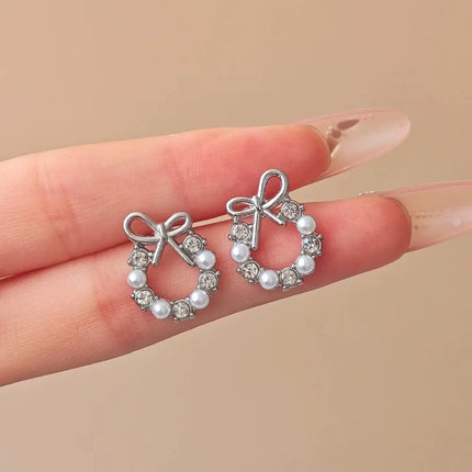 FTCY Minimalist Round Bow Knot Earrings For Women Rhinestone Imitation Pearl Stud Earrings Party Wedding Jewelry Gifts