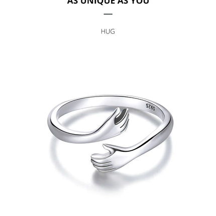 BAMOER 925 Sterling Silver Hug Open Ring Warm Love Hand Adjustable Glossy Ring for Women, His Big Loving Family Party Gift