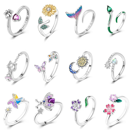 Adjustable Rings 925 Sterling Silver Mermaid Wing Dragon Sunflower Tulip Open Rings For Women Female Original Engagement Jewelry
