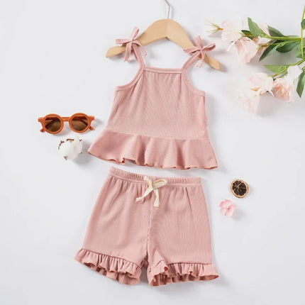 Summer 2024 New Baby Girl Solid Color 2pcs Bow Halter Ruffle Top + Shorts Fashion Comfortable Breathable Cute