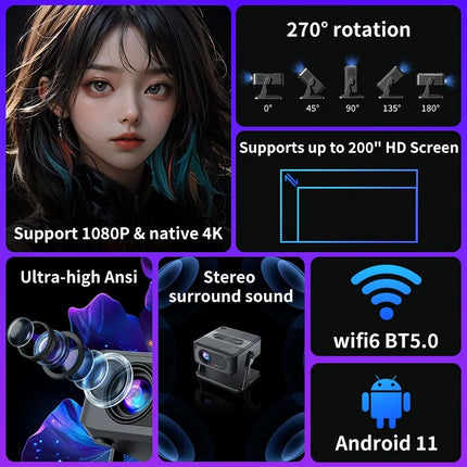 HA109 Projector 4K Android 11 720P Projectors Wifi5 200" Portable Projector Bt5.4 1280*720P Home Cinema Outdoor Projetor