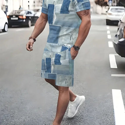 2025 Summer Men's Clothing Letter Print Short Sleeve Top Men's Elastic Waist Shorts 2-piece Set Plus Size T Shirts Shorts Set