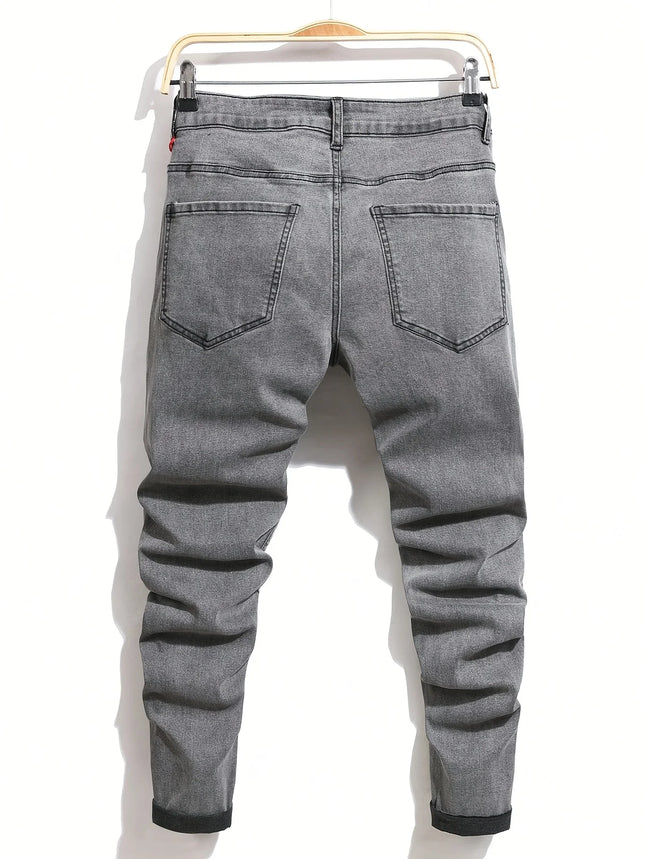 Men's Ripped Denim Jeans for Man High Stretch Skinny Biker Pants Casual Slim Fit Trousers with Patchwork Embroidery Streetwear