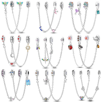 Sparkling Clear Silver Safety Chain 925 Sterling Silver Safety Chain Charm Beads Fit Original Bangle Bracelet DIY Jewelry