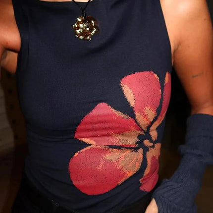 Women's Flower Print Crop Tank Top Fitted Boat Neck Sleeveless Summer Top for Party Club 2025 New Fashion