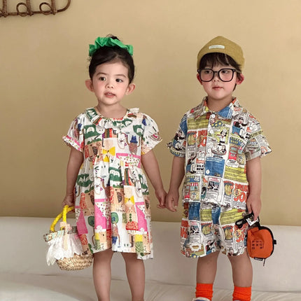 RAISE Children Summer Shirts Outfits Boys Vacation Suit 2026 Kids Girls Print Dress Brother Sister Outfits Siblings Matching Set