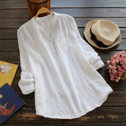Womens Linen Cotton Long Sleeve Blouse Loose Fit Casual Shirt Three Colors for Spring Outing Chic Relaxed
