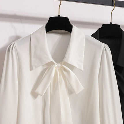 2026 Plus Size Women's Shirt Lantern Sleeve Butterfly Knot Casual Tops White Commute Formal Fashion Blouse Woman Clothing