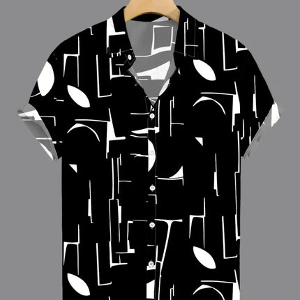 Summer 2025 Men's Short-sleeved Shirt With Black And White Stripes And Collection Pattern Print Single-breasted Fashion Shirt